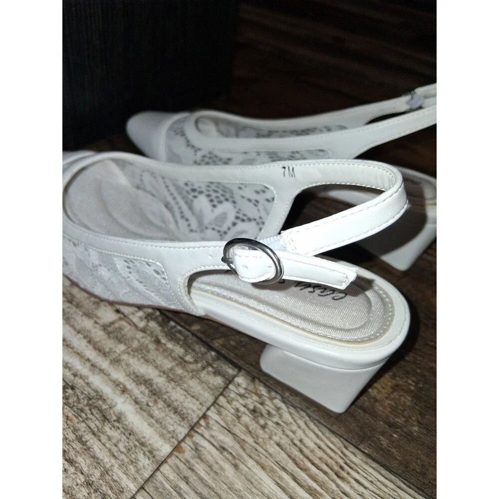 NEW! Women's Easy Street Fortune White Lace Square Toe Slingback Pumps, Size 7M